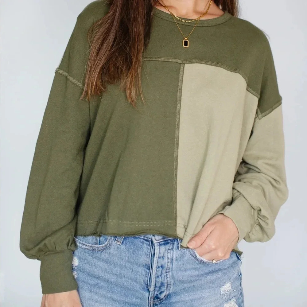 French Terry Spliced Color Top in Sage - size medium (M) - in loom brand